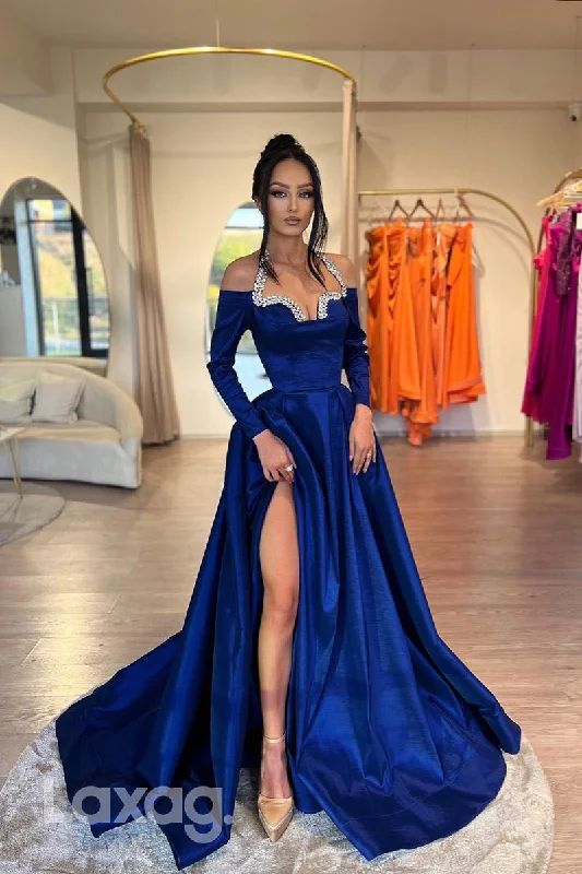 You'Ll Love Us Because 16813 - A Line Halter Beads Long Sleeves Formal Prom Dress with Slit Cottagecore Rustic Charm Style