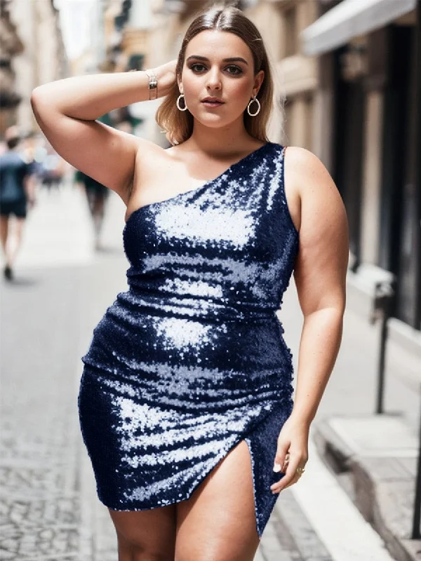 Contemporary Chic Promotions Plus Size Sparkly One Shoulder Sequin Bodycon Homecoming Dress Romantic Detailing