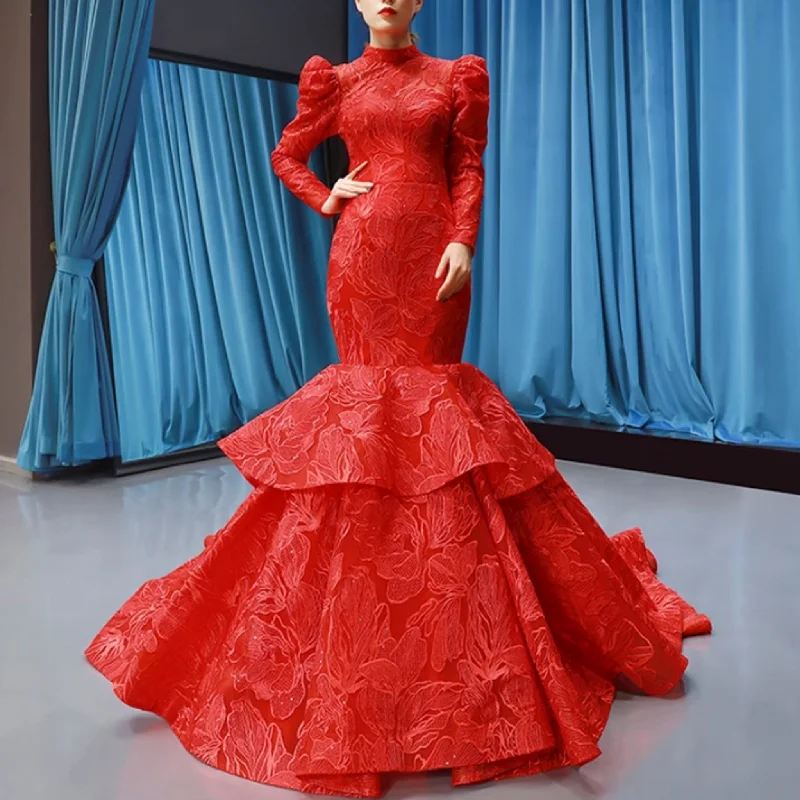 Mega Sales Sparkly Red Mermaid Lace Prom Dresses with Long Sleeves Limited - Edition Drops