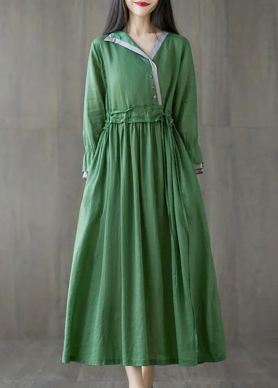 Top Deals Slim Fit Green V Neck Tie Waist Asymmetrical Long Dress Long Sleeve Graceful Drape