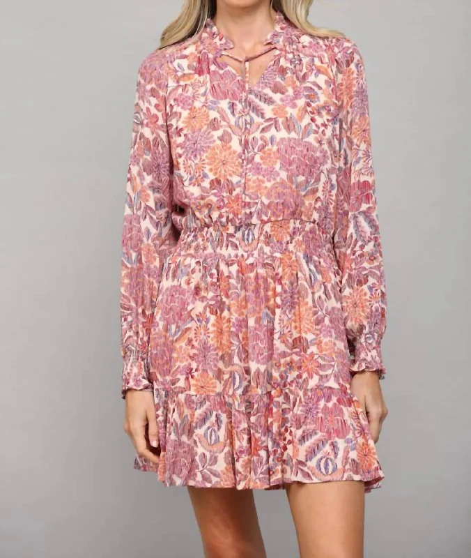 Massive Selection Sale Floral Print With Lurex Long Sleeve Dress In Blush Multi Floral Style