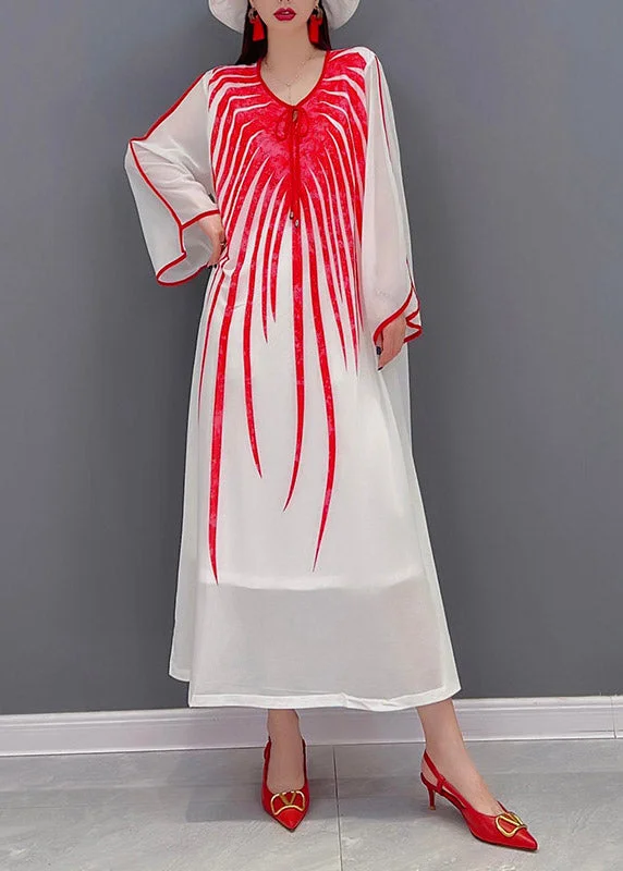 Best Deals Of The Season Classy Red O Neck Print Chiffon Long Dress Long Sleeve Feminine Grace