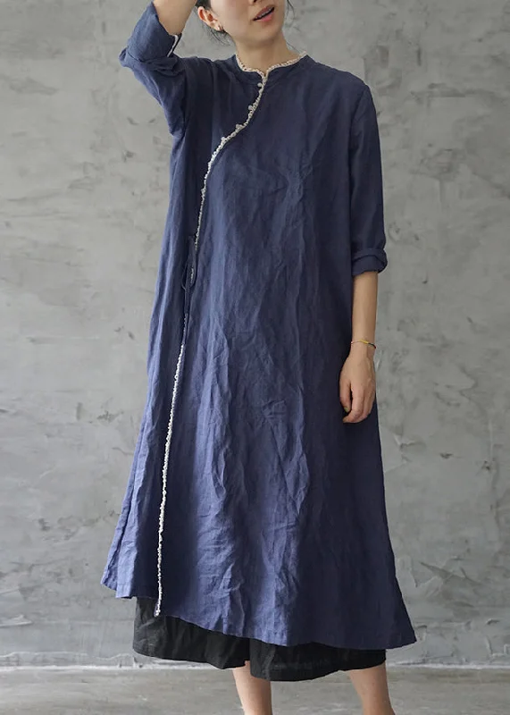 Unbeatable Prices Retro Tibetan blue Lace Patchwork Linen Dresses Long Sleeve Vintage Elegance