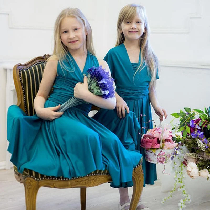 Fashionable Comfort Promotions Convertible Teal Jersey Cheap Flower Girl Dresses, Junior Bridesmaid Dresses,  FG034 Graceful Cut