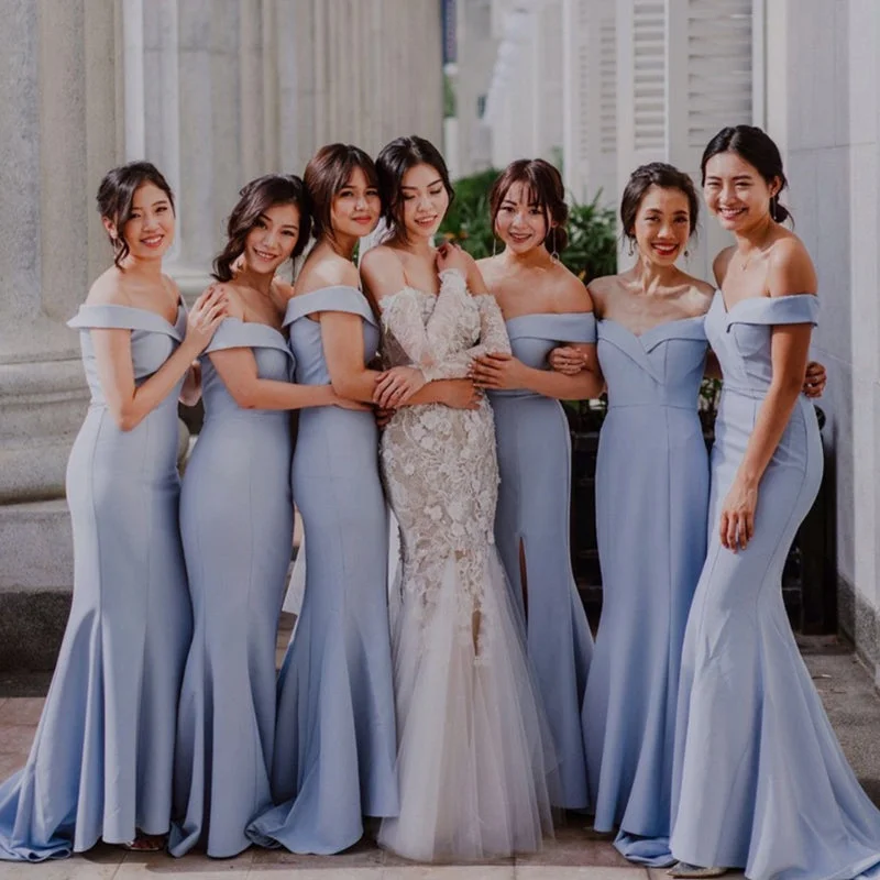 Limited Time Blue Mermaid Satin Long Elegant Bridesmaid Dresses WG874 Bold Silhouette