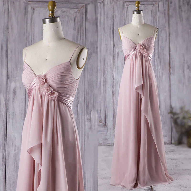 The Latest Fashion Trends Dusty Pink Spaghetti Straps V-neck Rose Chiffon Pleats A-line Long Bridesmaid Dress, BD3226 Exquisite Craftsmanship