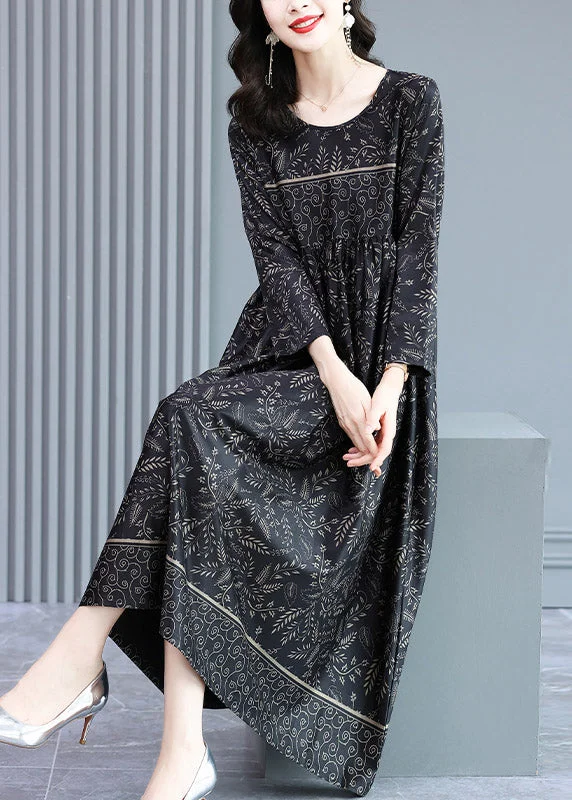 Seize Bargains Plus Size Black O-Neck Wrinkled Print Silk Long Dress Long Sleeve Polished Finish