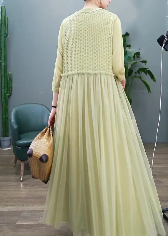 Daily Deals Organic Green Hollow Out O-Neck Tulle Patchwork Long dress Two Pieces Set Long Sleeve Chic Allure