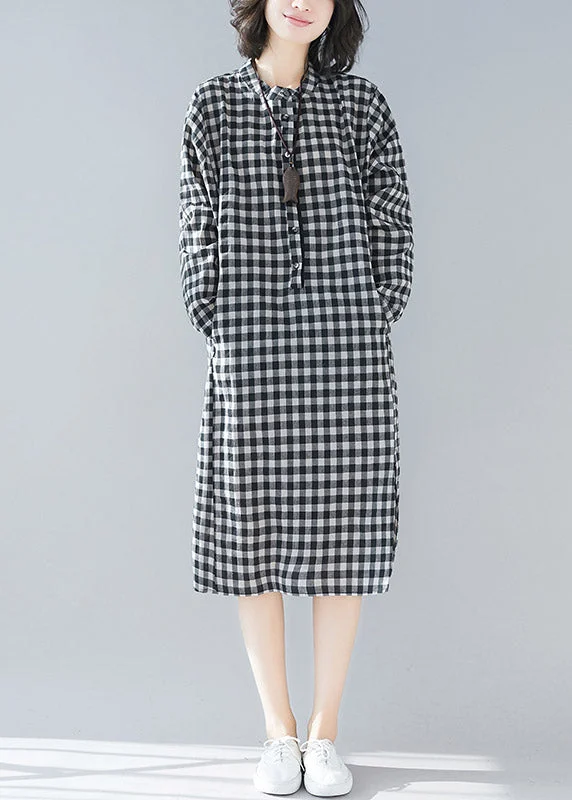 Seasonal Style Discounts Plus Size Black White Plaid Stand Collar Pockets Side Open Linen Dresses Long Sleeve Dreamy Aesthetic