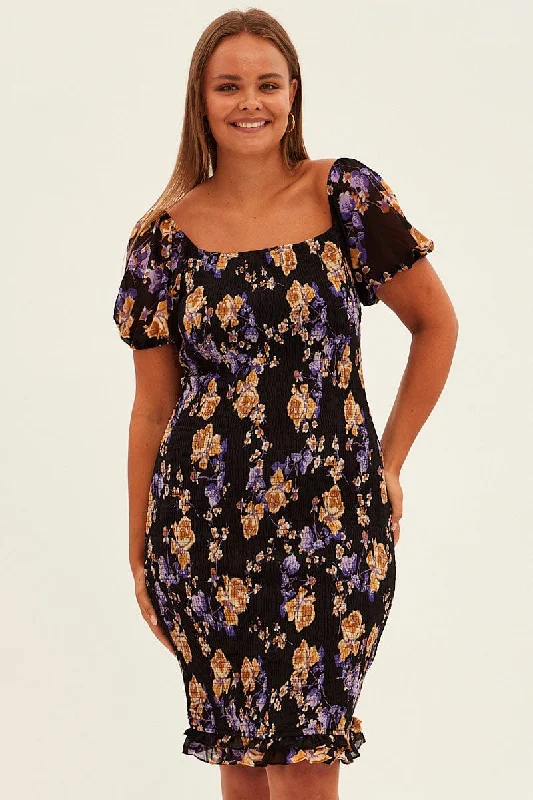 Timeless Elegance Redefined Black Floral Bodycon Dress Short Sleeve Off Shoulder Shirred Urban Sophistication