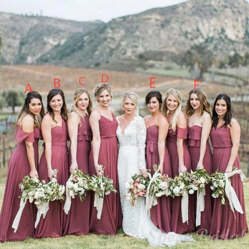 Flash Sale Now Mismatched Chiffon Inexpensive Floor Length A-line Dusty Rose Simple Bridesmaid Dresses,Wedding Guest Dresses WG575 Dreamy Aesthetic