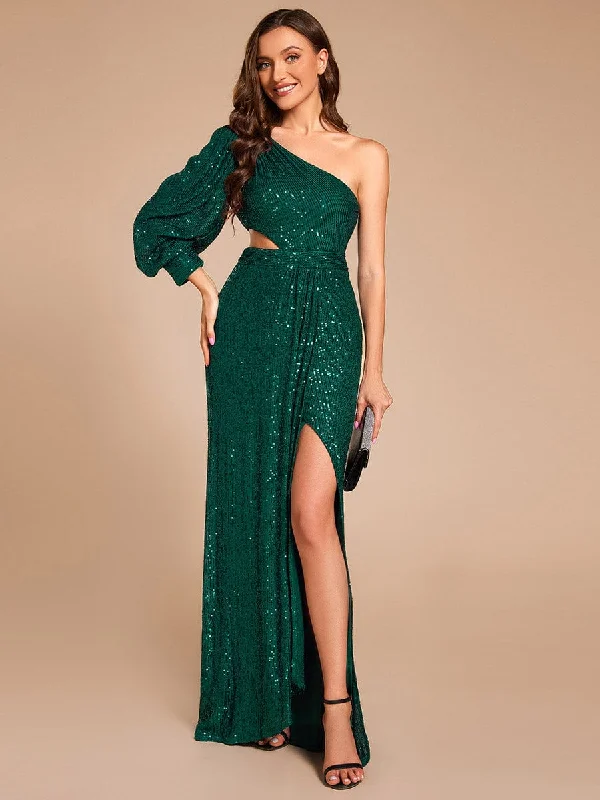 Modern Chic Discounts Custom Size One Shoulder Bodycon Slit Sequin Floor Length Formal Evening Dress Polished Finish