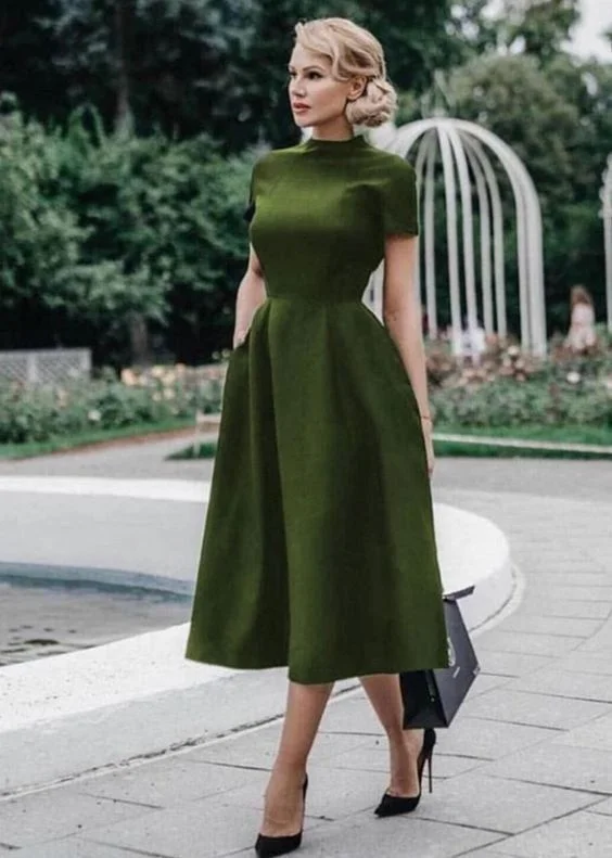 Fashion Forward, Function First Olive Green A-line Satin Tea-length Prom Dress Vintage Party Dress Y691 Grab Romantic Date - Night Styles Now