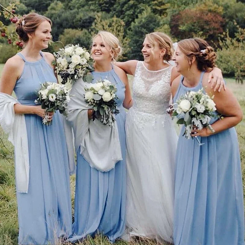 Trendy Looks On Sale Halter Baby Blue Long A-line Chiffon Elegant Cheap Bridesmaid Dress, BD3042 Alluring Design