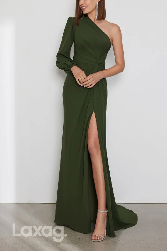 Urban Fashion 22801 - A-Line One Shoulder Long Sleeves Cocktail Party Dress with Slit and Train Save On Classic Elegant Styles