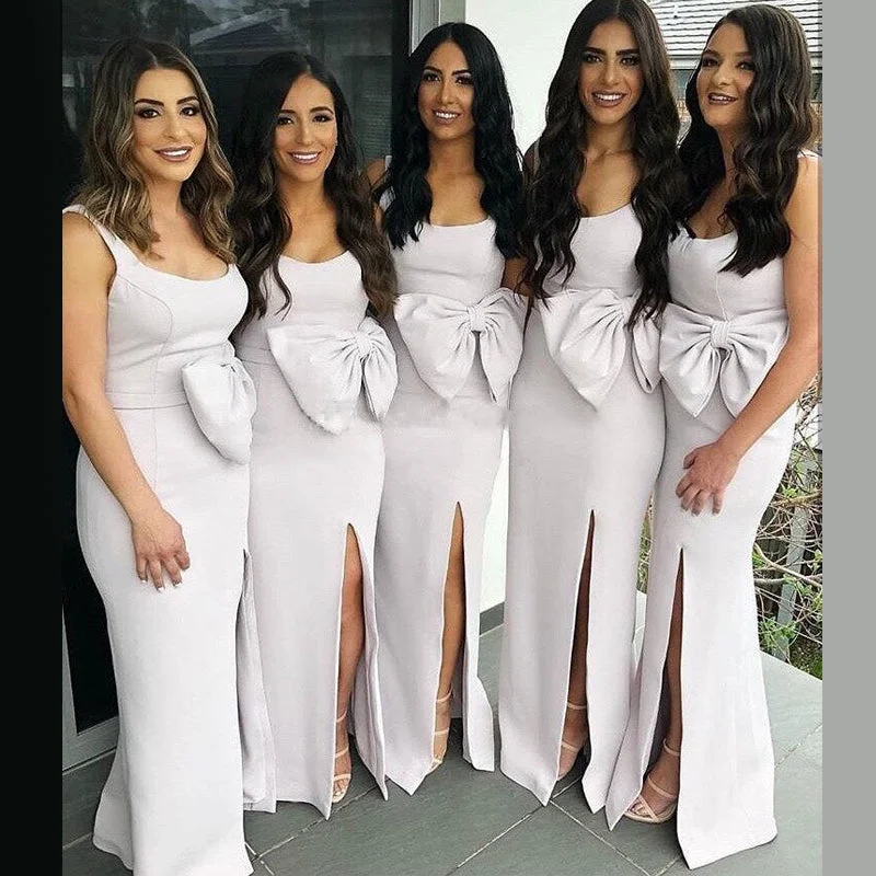 Fashion Deal Unique Scoop Ivory Bowknot Side-slit Mermaid Long Bridesmaid Dresses, WG736 Feminine Elegant