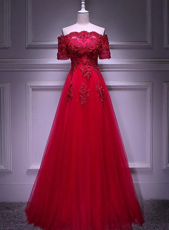 New Season Fashion Preview Red Tulle Short Sleeves Lace Applique Long Junior Prom Dress, Red Formal Gown    cg21182 Floral Style