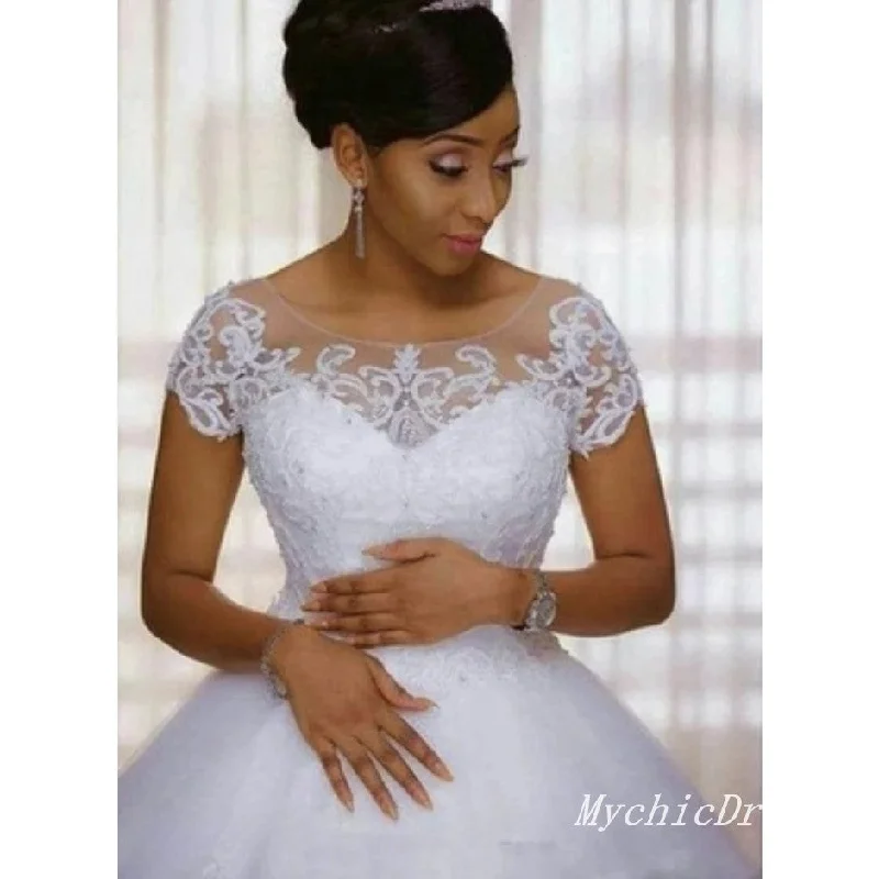 Seasonal Style Discounts A Line Scoop Short Sleeves Lace African Wedding Dresses Sequins Feminine Soft - Hued Look