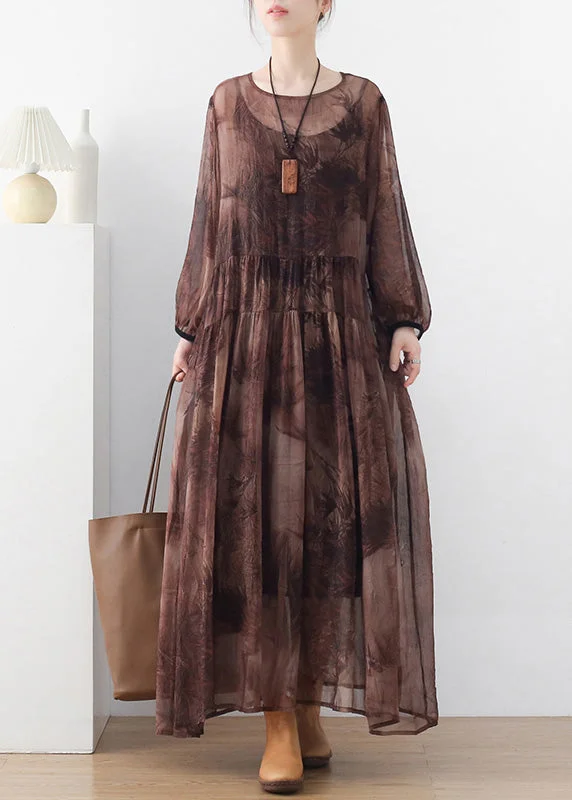 Quick Grab Deals Women Chocolate O-Neck Print Chiffon Long Dress And Spaghetti Strap Dress Two Pieces Set Long Sleeve Disco - Inspired Retro Dance Look