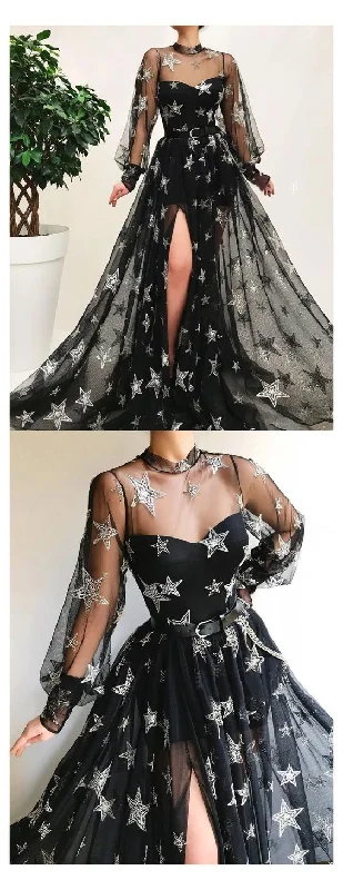 Stylish Statements Black High Neck Long Prom Dress With Star Sparkly Long Sleeve Unique Prom Dress Evening Gowns      cg17732 Elegant Ensemble