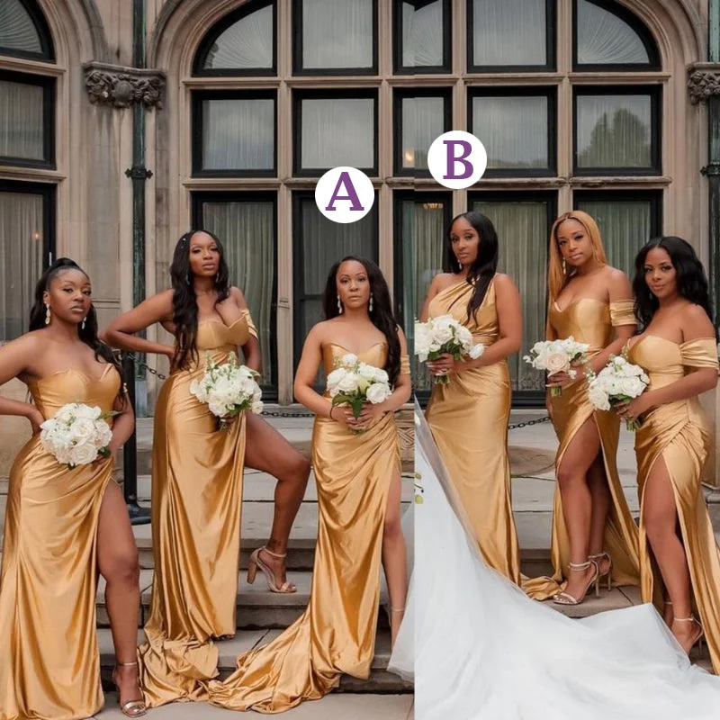 Best Sellers Champagne Gold Mismatchy Sexy Side-slit Long Mermaid Bridesmaid Dress, BD3258 Sleek Design