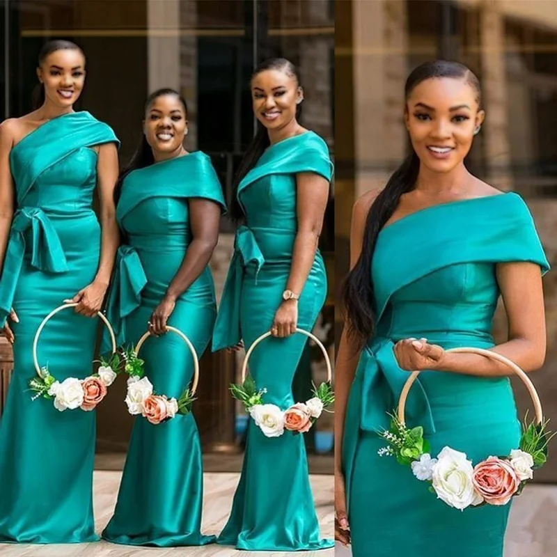 Fashion-Forward Turquoise Green One-shoulder Cap Sleeve Satin Long Bridesmaid Dresses, WG782 Timeless Elegant