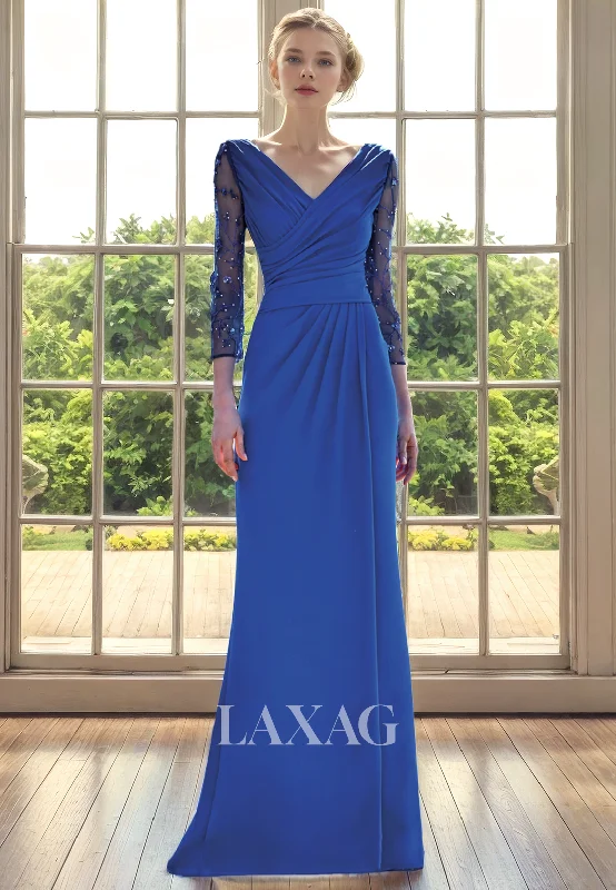 Fall Sale, Prices Drop A-Line V-Neck Long Sleeves Beaded Tulle Elegant Mother of the Bride Dress Mid - Season Sale