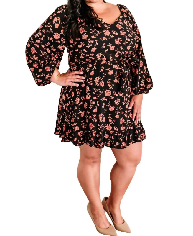 Feminine Style Promotions Long Sleeve Floral Dress With Tie Belt In Midnight Rose Sophisticated Cut