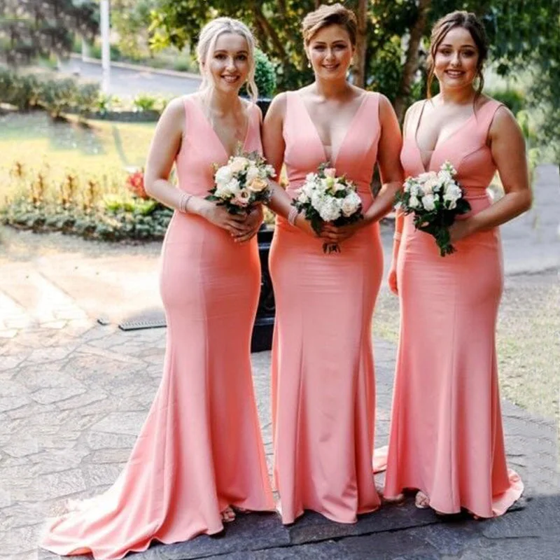 Shop Sales Mermaid Pink V-Neck Simple Elegant Formal Long Bridesmaid Dresses WG856 Everyday Glamour