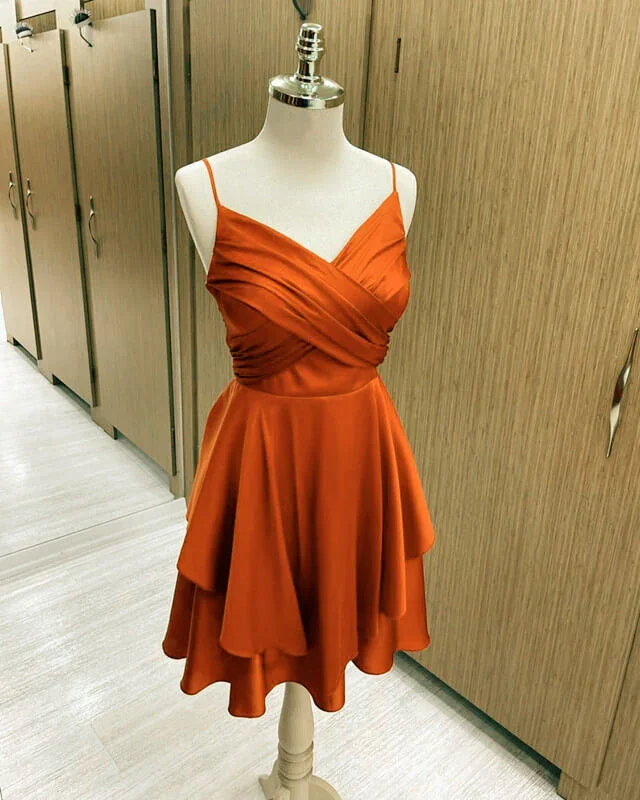 Stupidly Low Prices Short Burnt Orange Satin Cocktail Dresses V-neck Semi Formal Dress,Homecoming Dress  Y1457 Subtle Sophistication