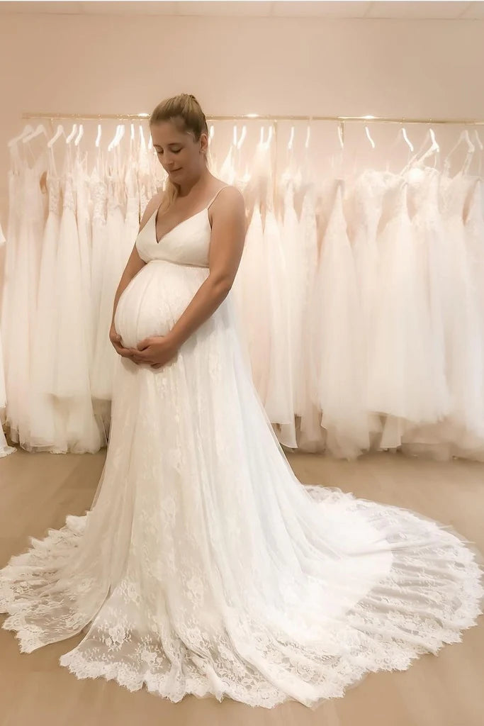 Embrace New Fashion A Line Maternity Wedding Dresses UK Lace High Waist Spaghetti Straps Seasonal Trend