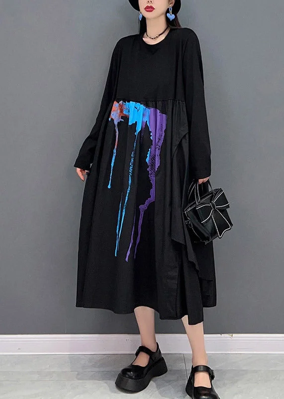 Style Without Limits Classy Black O-Neck Wrinkled Print Asymmetrical Patchwork Long Dresses Long sleeve Vibrant Prints