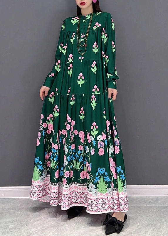 New Arrivals Green Print Long Beach Dresses wrinkled Long Sleeve Graceful Movement