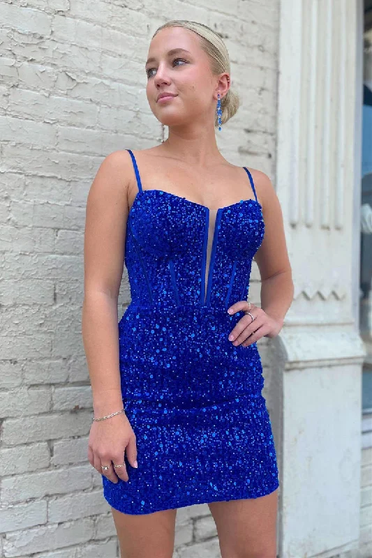 Massive Savings Short Bodycon Royal Blue Homecoming Dress Sequins Straps Soft Textures