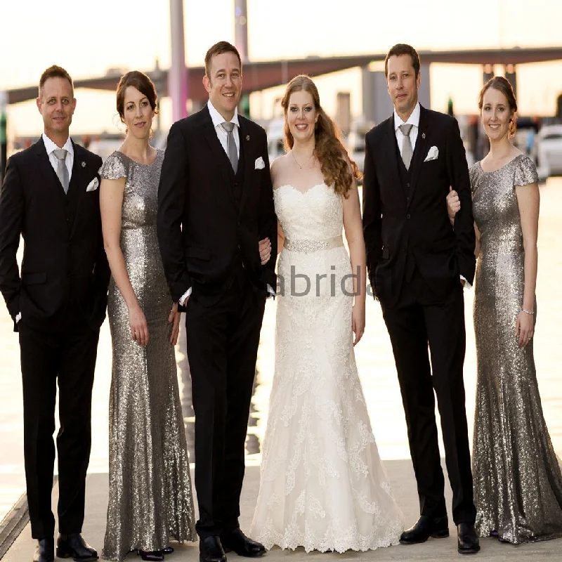 Flash Sale Starts Charming Gray Sequin Mermaid Cap Sleeves Modest Bridesmaid Dresses WG795 Limited - Stock