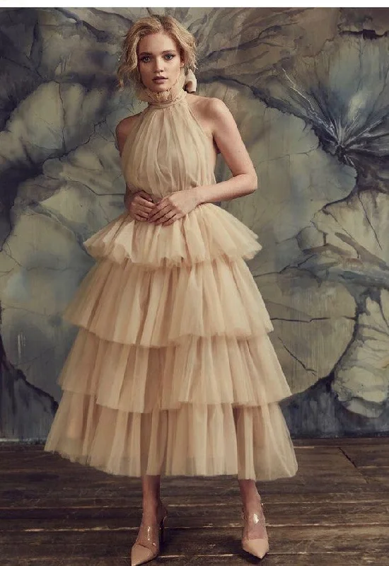 Dive Into Trendy Styles Tulle High-Neck Champagne Prom Gown with Tiered Skirt    cg21168 Formal Outfit