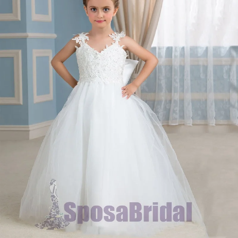 Chic Style, Always In Vogue Cheap Comfortable Tulle Straps Lace Appliques Flower Girl Dresses with bow , Junior Bridesmaid Dresses, FG105 Chic Urban Fashion Look