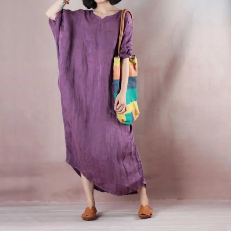 Must Haves Fine purple long linen dresses oversize o neck asymmetrical design traveling clothing casual long sleeve baggy dresses Urban Sophistication