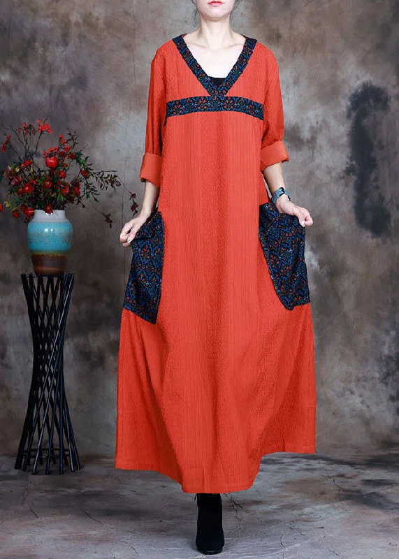 Trendy Threads Boho Orange V Neck Pockets Print  Fall Long sleeve Dresses Effortless Comfort