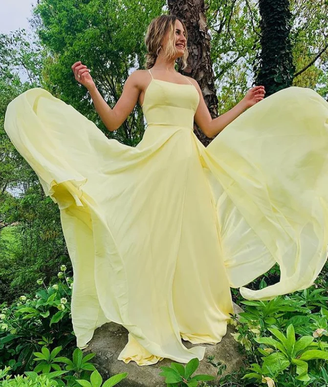 Relaxed Style Yellow Prom Dress,A-Line Prom Gown,Chiffon Evening Dress,Spaghetti Straps Prom Gown   cg12335 Romantic Flair