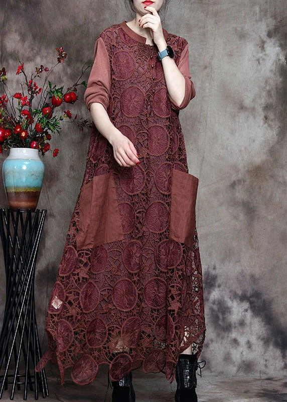 Snag Fabulous Fashion Bargains Modern Chocolate Button Embroideried asymmetrical design Fall Vacation Dresses Long sleeve Effortless Grace