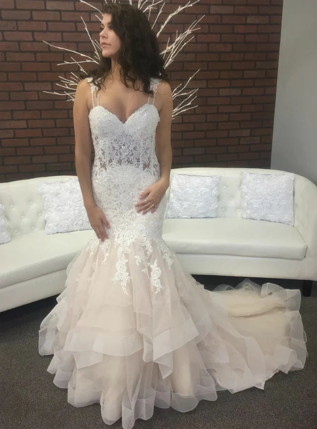 Hot Picks Mermaid Straps Tiered Champagne Wedding Dress Tulle Lace Appliques Today Only