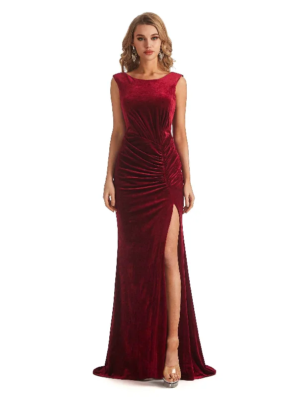 Budget-Friendly Fashion Sexy Open Back Mermaid Velvet Jewel High Split Maxi Long Wedding Guest Dresses Luxe Layering