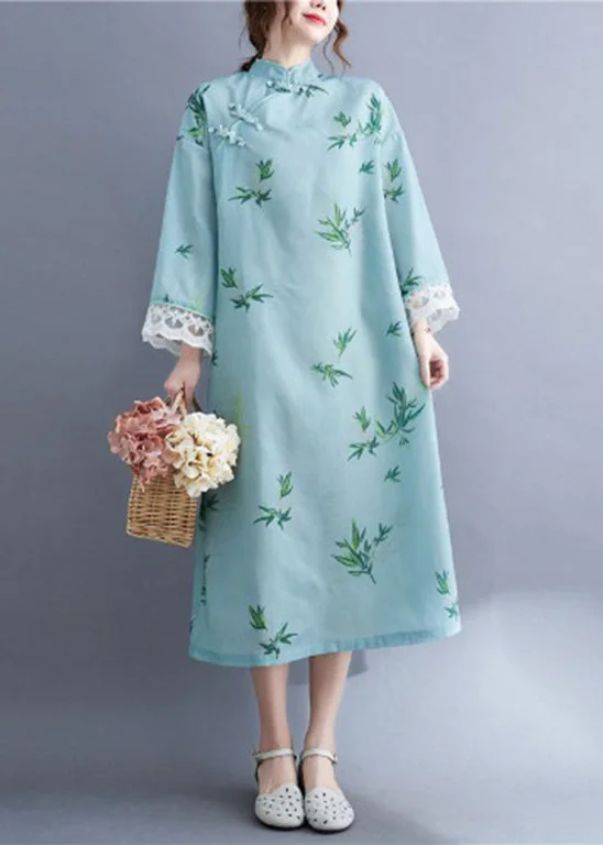 New Season Fashion Preview Sale Fitted Light Green Mandarin Collar Print Lace Patchwork Cheongsam Dresses Long Sleeve Everyday Glamour