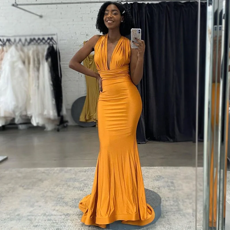 Buy More, Save More Yellow Halter Sexy Formal Mermaid Long Pleats Long Bridesmaid Dress, BD3237 Artful Design