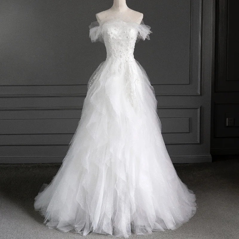 Modern Fashion Sale A-line Off Shoulder Wedding Dresses With Multi Level Tulle Final Clearance