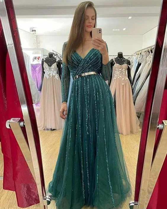 Fashion Frontiers Elegant Emerald Green Long Sleeve Evening Dresses V Neck Tulle Sequins Women Party Gowns Prom Dress   cg21155 Seasonal Trend