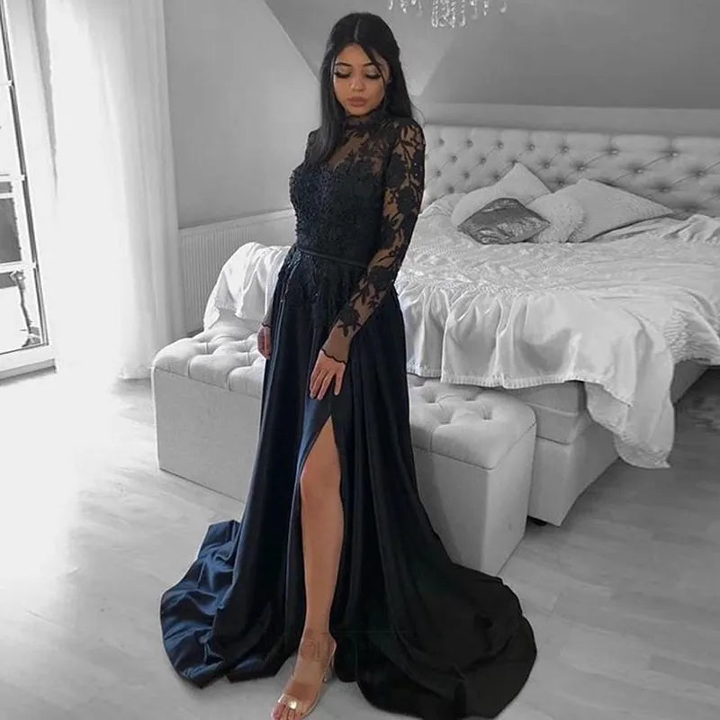 Summer Deals Long Sleeve Black Wedding Gowns High Neck Lace With Split Summer Fashion