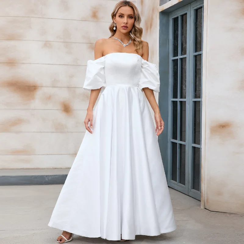 Style Upgrade Tea Length A-line Wedding Dress with Off the Shoulder Sleeve Effortless Comfort