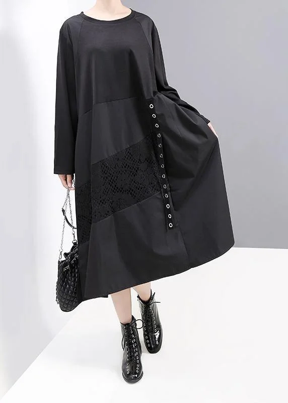 Luxury Fashion Women black patchwork cotton quilting dresses long sleeve Robe o neck Dresses Today Only